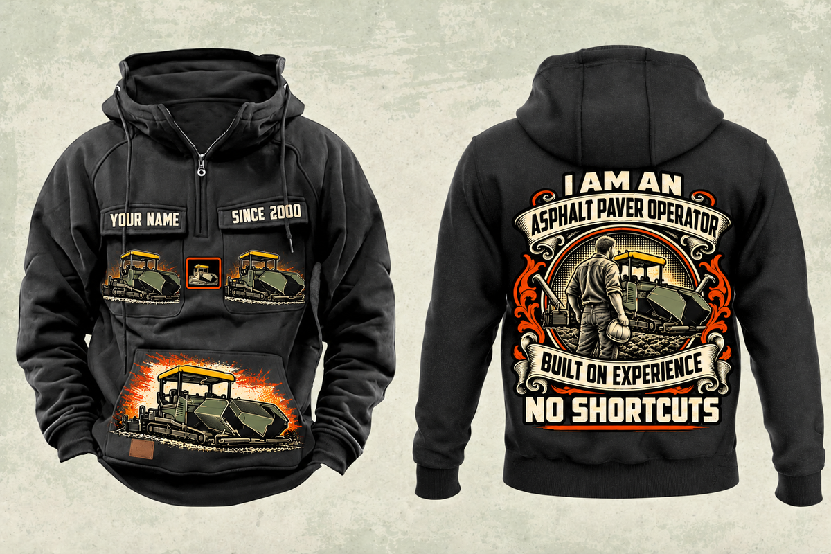 Personalized SUPER 2000-3i Asphalt Paver Operator Vintage Hoodie in black, front and back artwork with YOUR NAME and SINCE 2000 sample text.