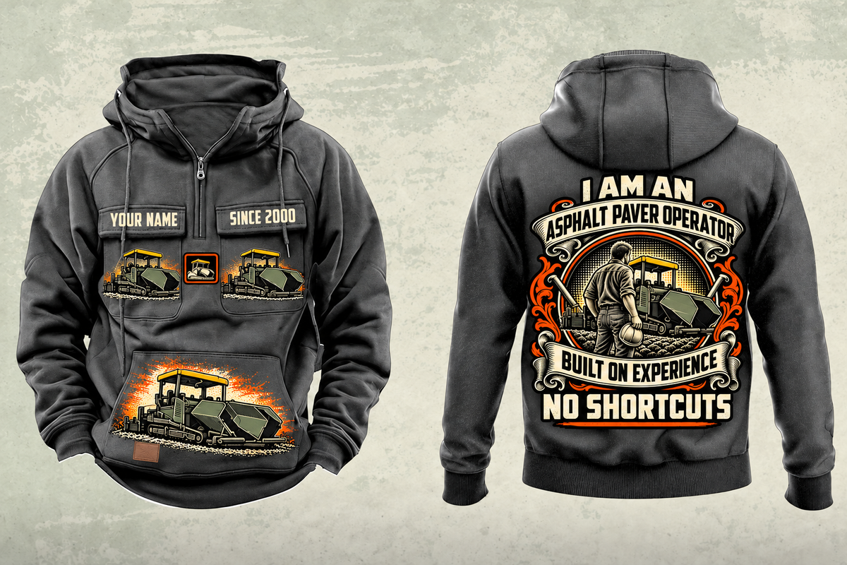 Personalized SUPER 2000-3i Asphalt Paver Operator Vintage Hoodie in dark-gray, front and back artwork with YOUR NAME and SINCE 2000 sample text.