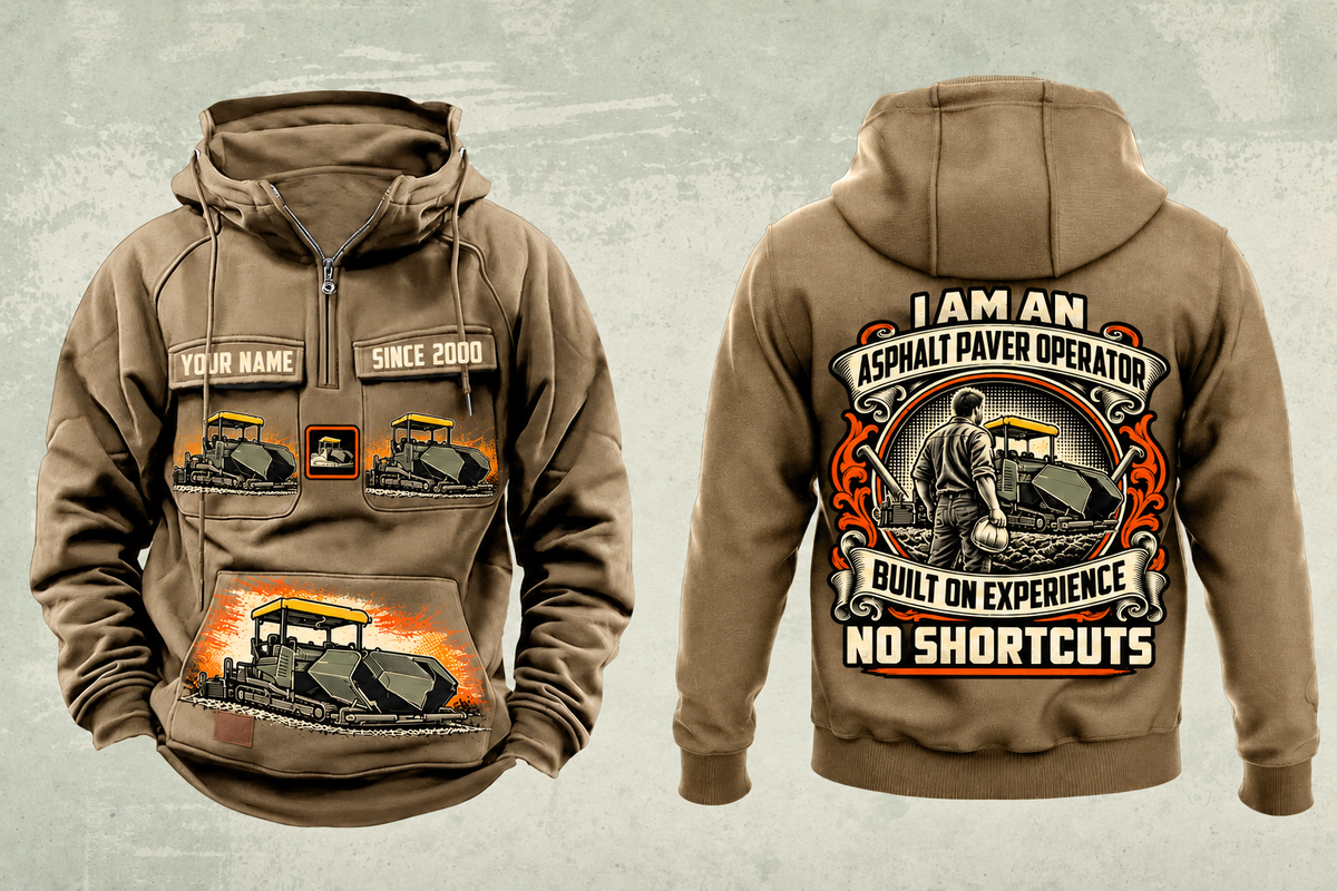 Personalized SUPER 2000-3i Asphalt Paver Operator Vintage Hoodie in kaki, front and back artwork with YOUR NAME and SINCE 2000 sample text.