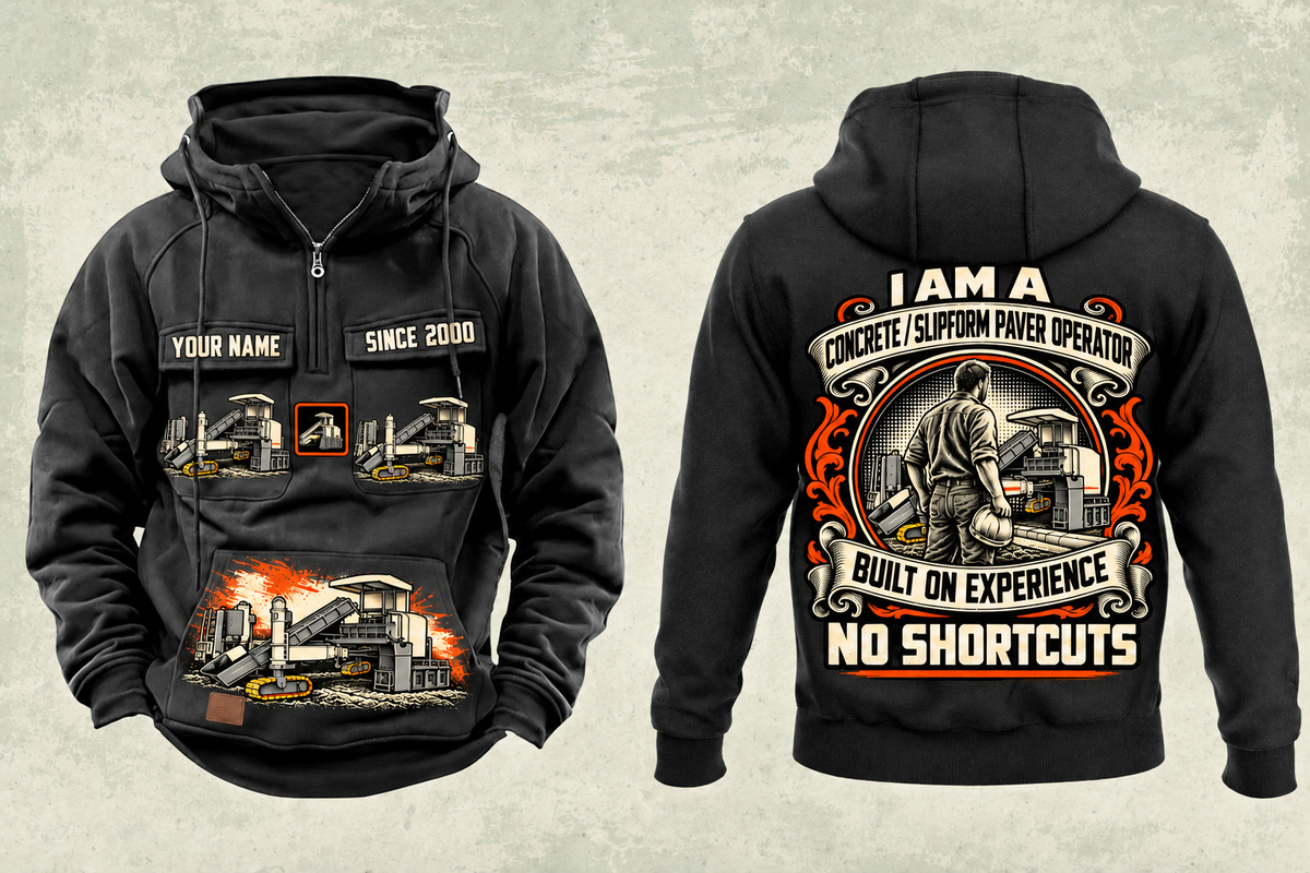 Personalized SP 25i Concrete Slipform Paver Operator Vintage Hoodie in black, front and back artwork with YOUR NAME and SINCE 2000 sample text.