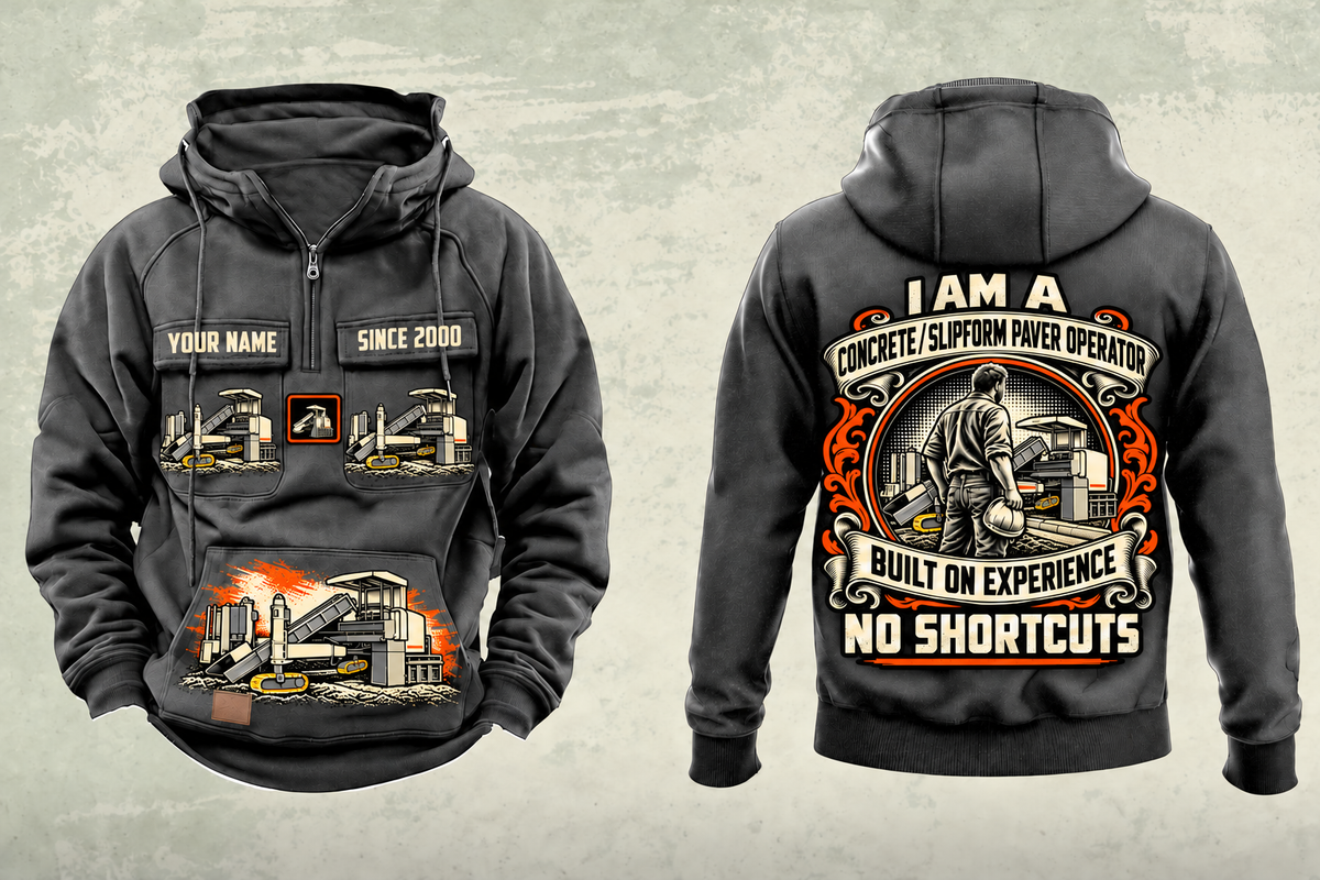Personalized SP 25i Concrete Slipform Paver Operator Vintage Hoodie in dark-gray, front and back artwork with YOUR NAME and SINCE 2000 sample text.