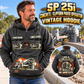 Personalized SP 25i Concrete Slipform Paver Operator Vintage Hoodie in Dark Gray, front and back artwork with YOUR NAME and SINCE 2000 sample text.