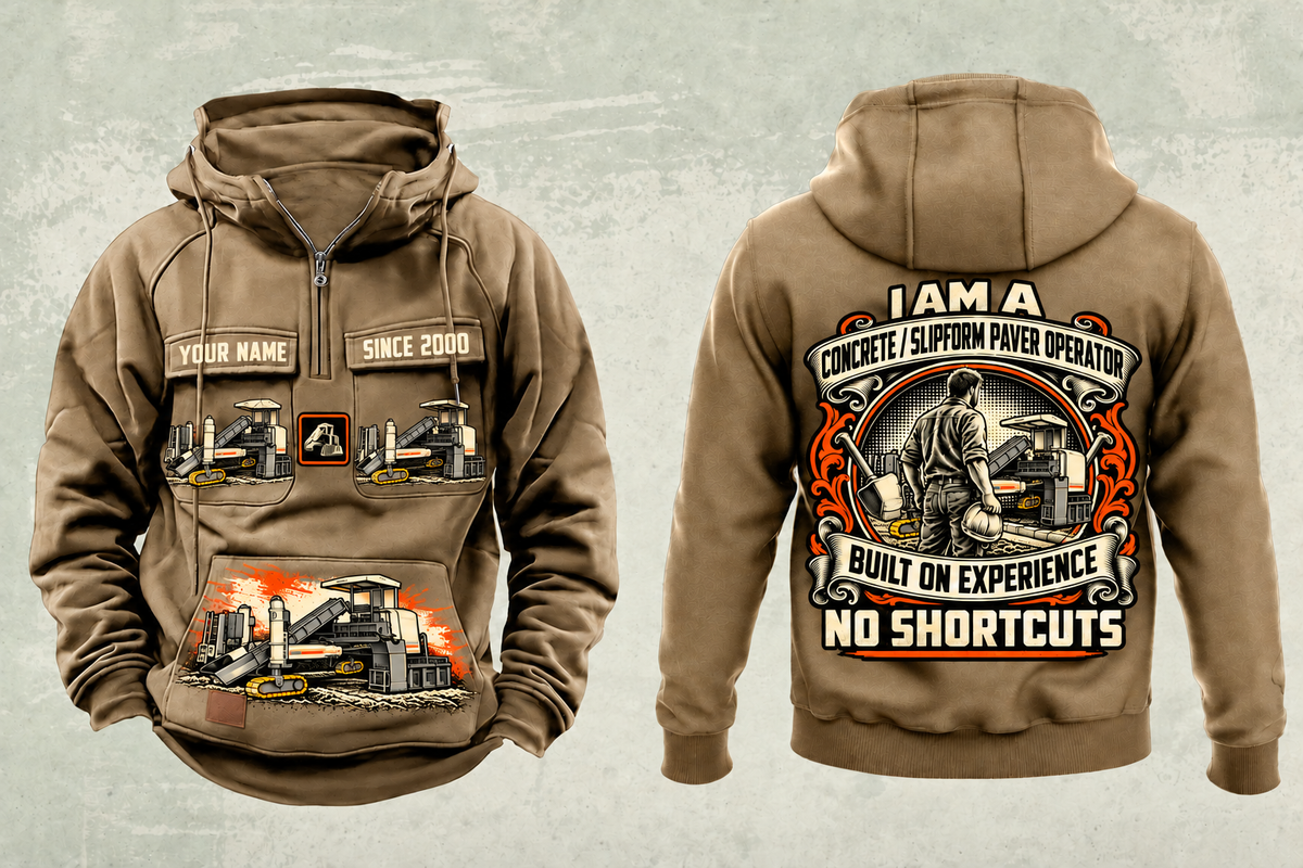 Personalized SP 25i Concrete Slipform Paver Operator Vintage Hoodie in kaki, front and back artwork with YOUR NAME and SINCE 2000 sample text.