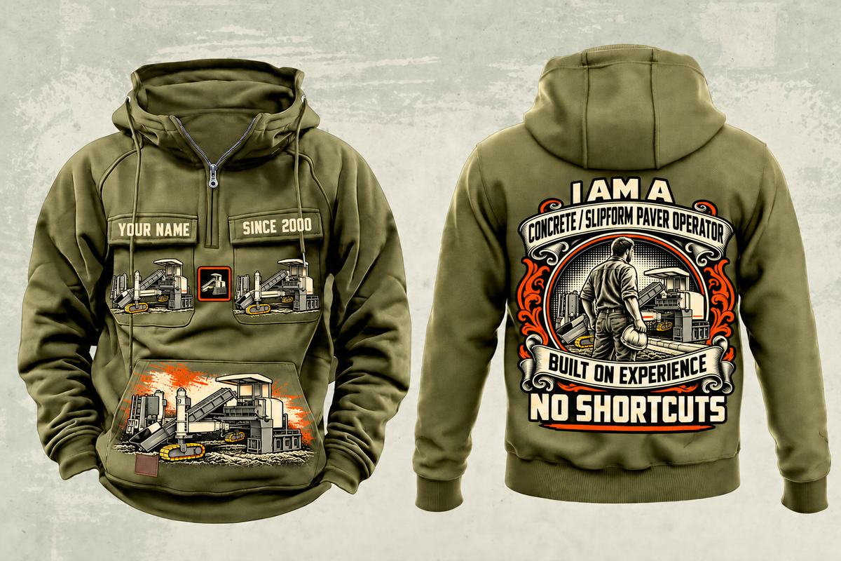 Personalized SP 25i Concrete Slipform Paver Operator Vintage Hoodie in military-green, front and back artwork with YOUR NAME and SINCE 2000 sample text.