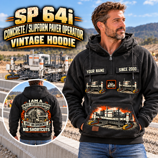 Personalized SP 64i Concrete Slipform Paver Operator Vintage Hoodie in Black, front and back artwork with YOUR NAME and SINCE 2000 sample text.
