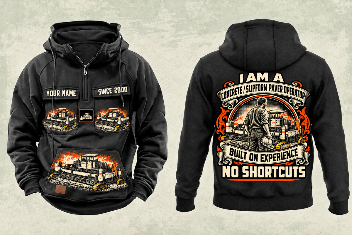 Personalized SP 94i Concrete Slipform Paver Operator Vintage Hoodie in black, front and back artwork with YOUR NAME and SINCE 2000 sample text.