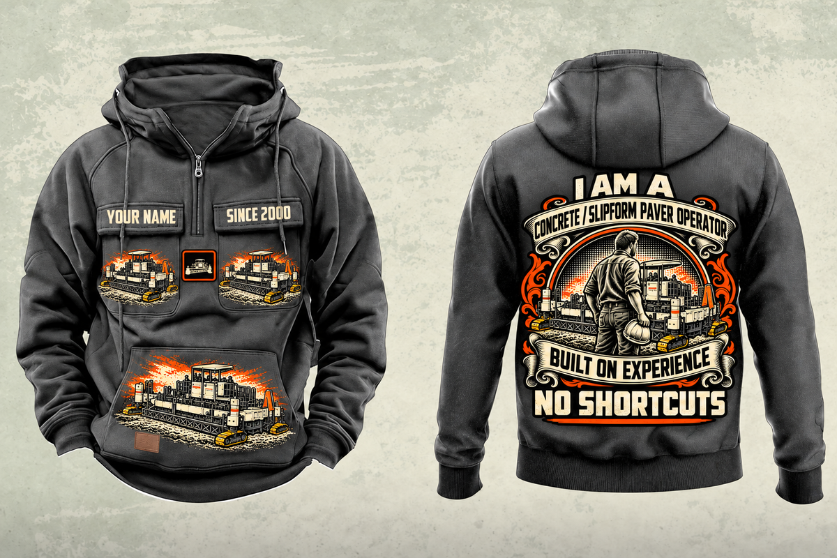 Personalized SP 94i Concrete Slipform Paver Operator Vintage Hoodie in dark-gray, front and back artwork with YOUR NAME and SINCE 2000 sample text.