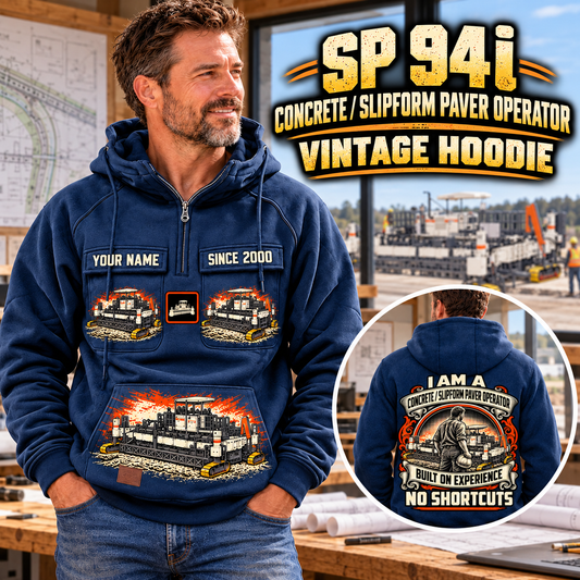 Personalized SP 94i Concrete Slipform Paver Operator Vintage Hoodie in Dark Blue, front and back artwork with YOUR NAME and SINCE 2000 sample text.