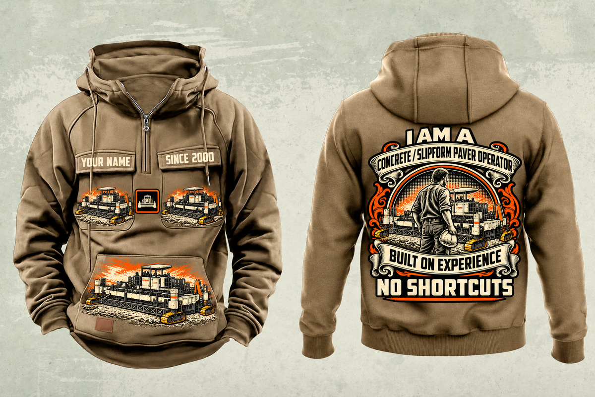 Personalized SP 94i Concrete Slipform Paver Operator Vintage Hoodie in kaki, front and back artwork with YOUR NAME and SINCE 2000 sample text.