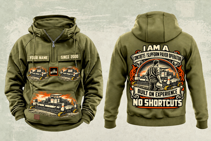 Personalized SP 94i Concrete Slipform Paver Operator Vintage Hoodie in military-green, front and back artwork with YOUR NAME and SINCE 2000 sample text.