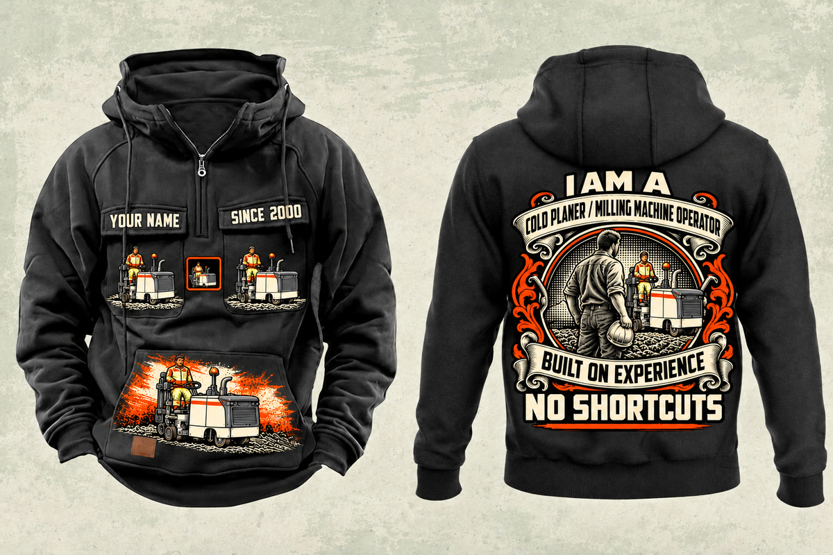 Personalized W 35 XRi Cold Planer Operator Vintage Hoodie in black, front and back artwork with YOUR NAME and SINCE 2000 sample text.