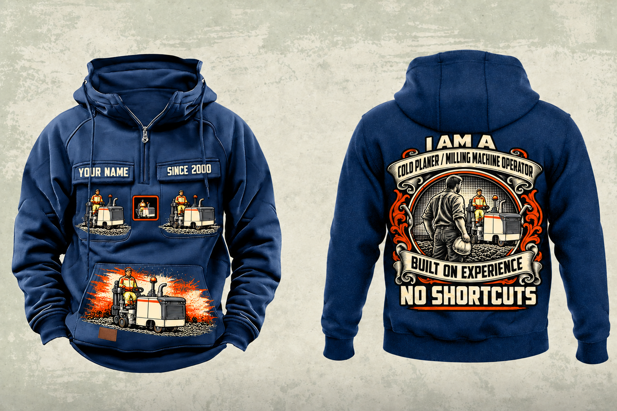 Personalized W 35 XRi Cold Planer Operator Vintage Hoodie in dark-blue, front and back artwork with YOUR NAME and SINCE 2000 sample text.
