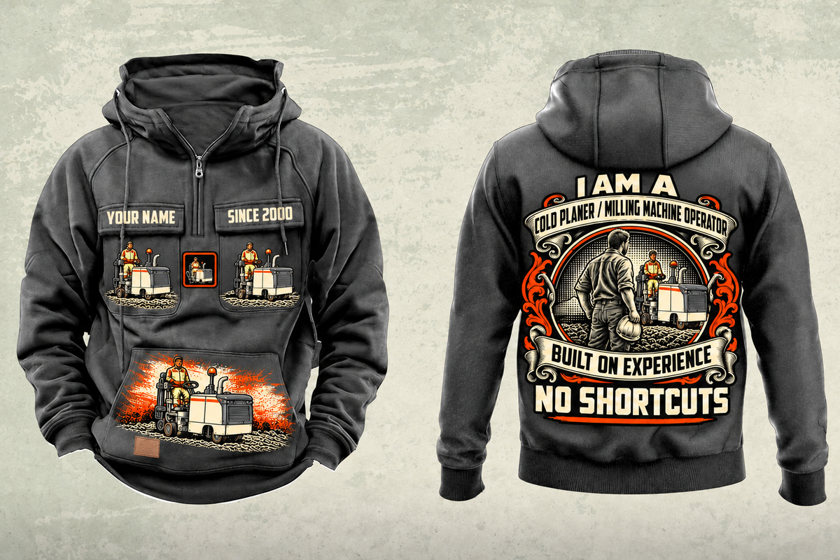 Personalized W 35 XRi Cold Planer Operator Vintage Hoodie in dark-gray, front and back artwork with YOUR NAME and SINCE 2000 sample text.