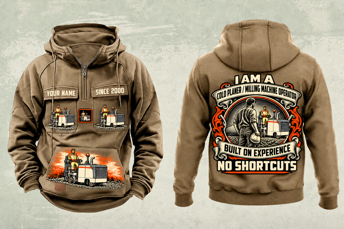 Personalized W 35 XRi Cold Planer Operator Vintage Hoodie in kaki, front and back artwork with YOUR NAME and SINCE 2000 sample text.