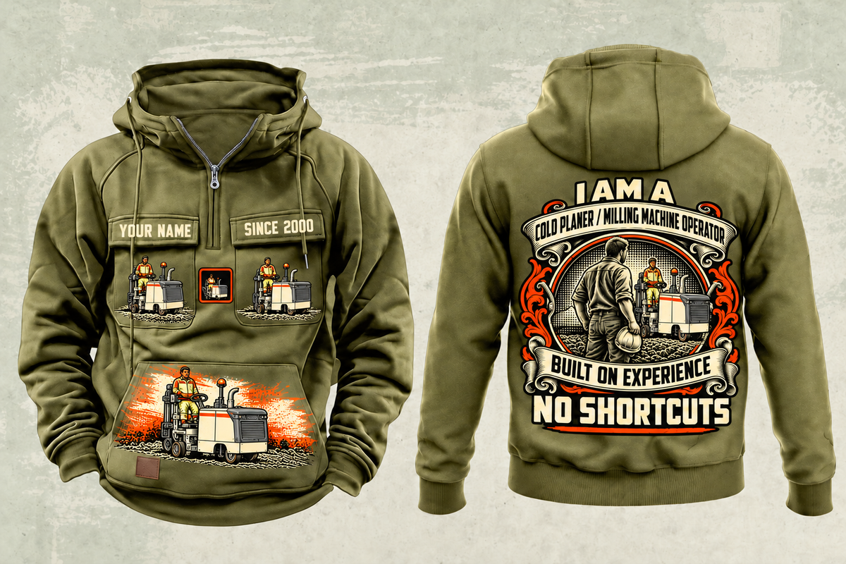 Personalized W 35 XRi Cold Planer Operator Vintage Hoodie in military-green, front and back artwork with YOUR NAME and SINCE 2000 sample text.