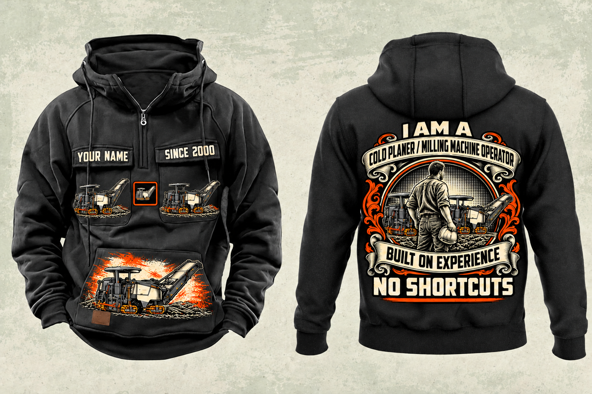 Personalized W 120 Fi Cold Planer Operator Vintage Hoodie in black, front and back artwork with YOUR NAME and SINCE 2000 sample text.