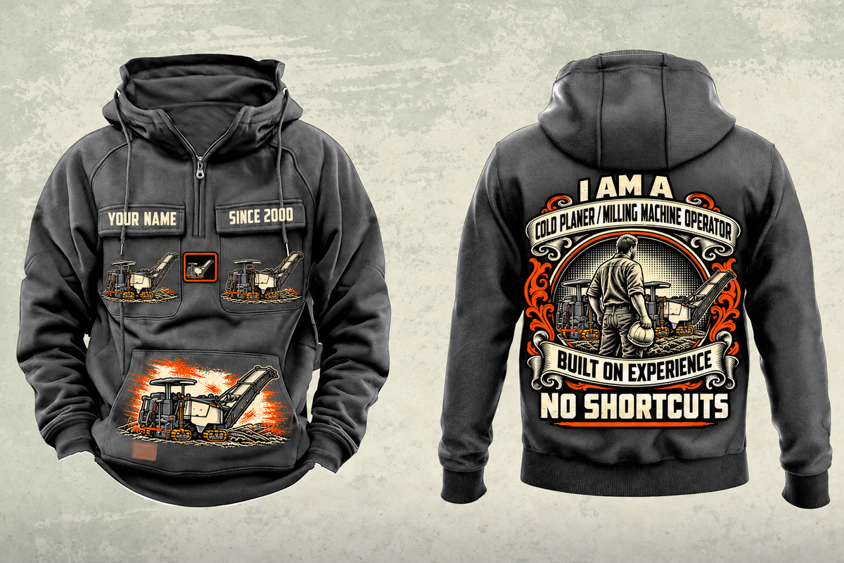 Personalized W 120 Fi Cold Planer Operator Vintage Hoodie in dark-gray, front and back artwork with YOUR NAME and SINCE 2000 sample text.