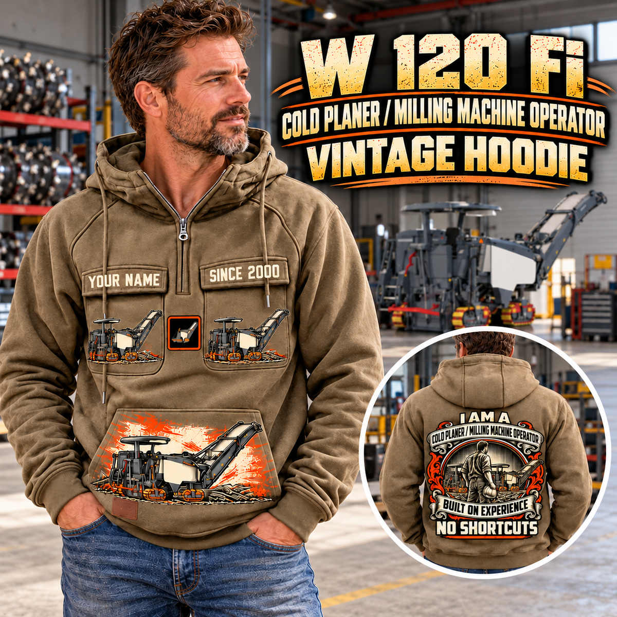 Personalized W 120 Fi Cold Planer Operator Vintage Hoodie in Kaki, front and back artwork with YOUR NAME and SINCE 2000 sample text.