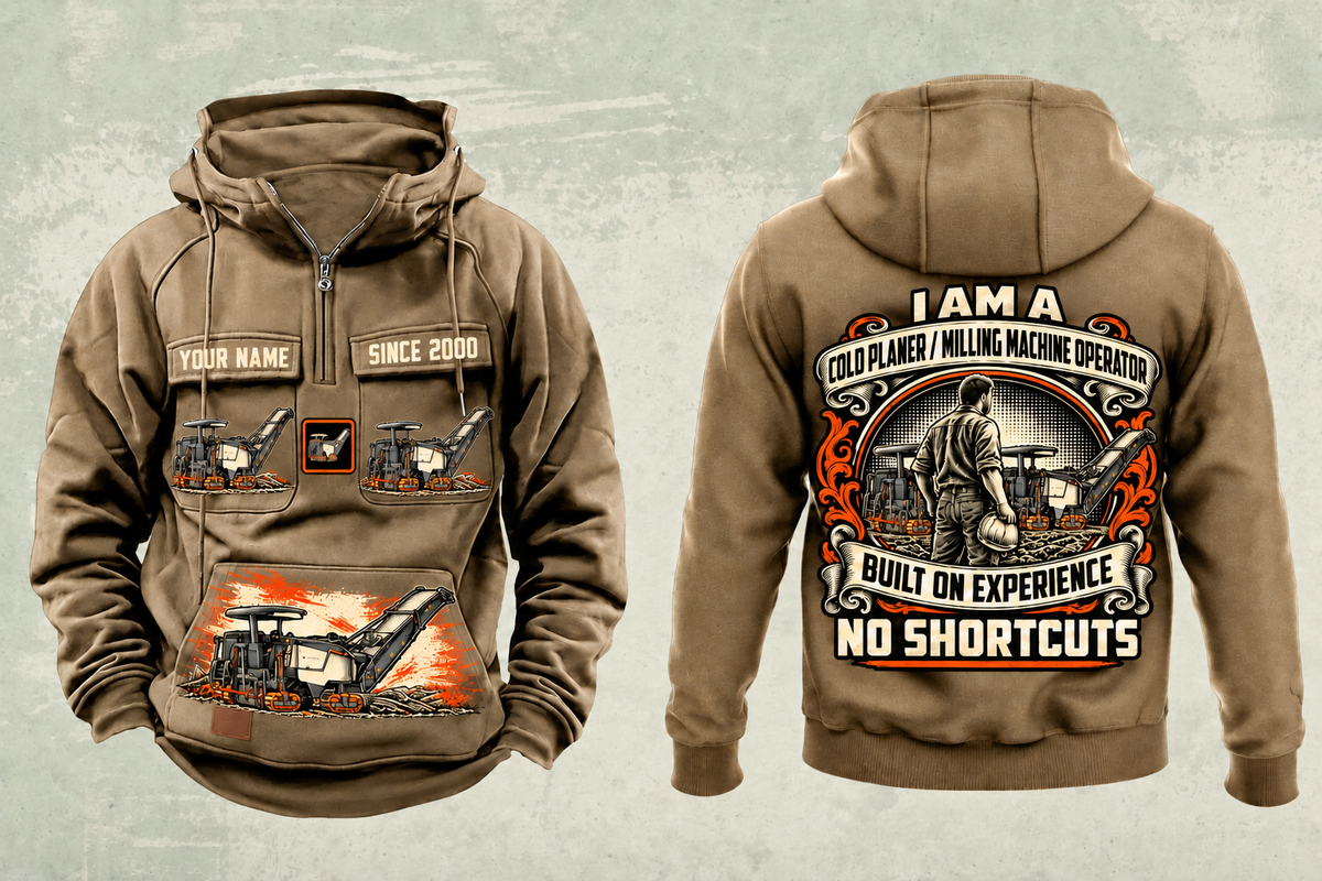 Personalized W 120 Fi Cold Planer Operator Vintage Hoodie in kaki, front and back artwork with YOUR NAME and SINCE 2000 sample text.
