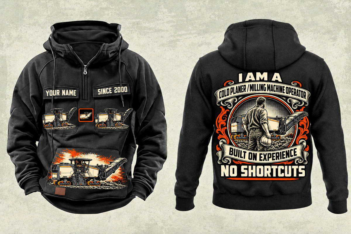 Personalized W 200 Fi Cold Planer Operator Vintage Hoodie in black, front and back artwork with YOUR NAME and SINCE 2000 sample text.