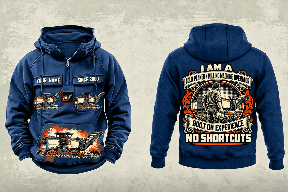 Personalized W 200 Fi Cold Planer Operator Vintage Hoodie in dark-blue, front and back artwork with YOUR NAME and SINCE 2000 sample text.