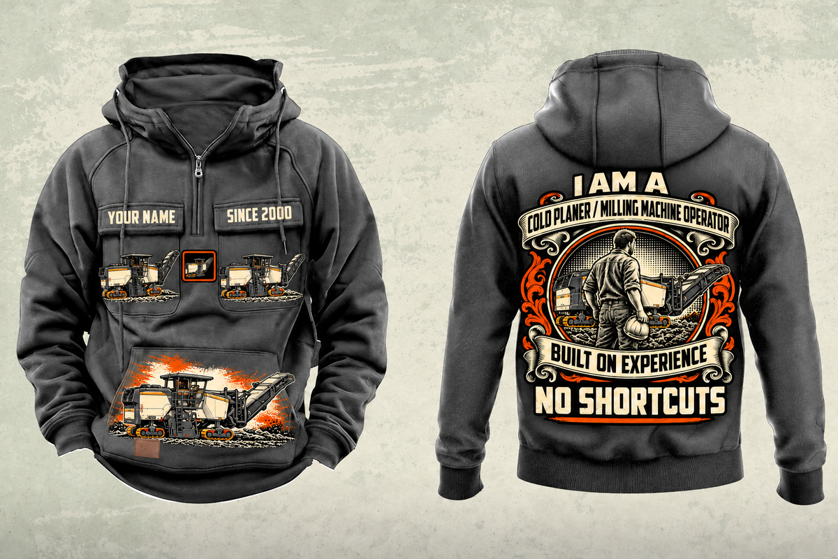 Personalized W 200 Fi Cold Planer Operator Vintage Hoodie in dark-gray, front and back artwork with YOUR NAME and SINCE 2000 sample text.