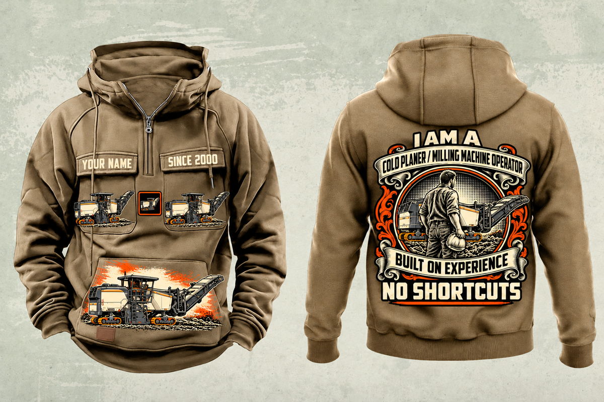Personalized W 200 Fi Cold Planer Operator Vintage Hoodie in kaki, front and back artwork with YOUR NAME and SINCE 2000 sample text.