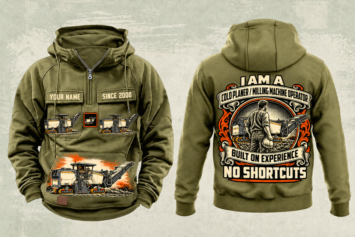 Personalized W 200 Fi Cold Planer Operator Vintage Hoodie in military-green, front and back artwork with YOUR NAME and SINCE 2000 sample text.