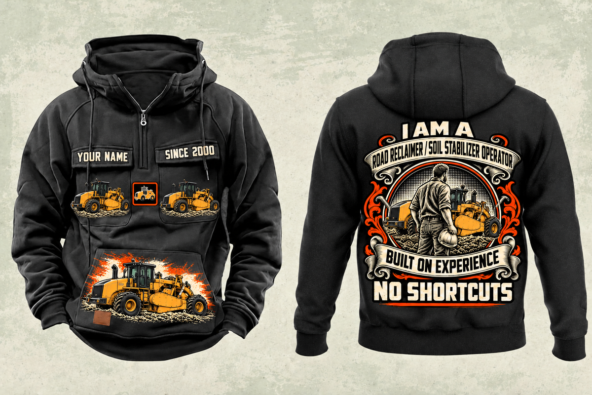 Personalized RM400 Road Reclaimer Operator Vintage Hoodie in black, front and back artwork with YOUR NAME and SINCE 2000 sample text.