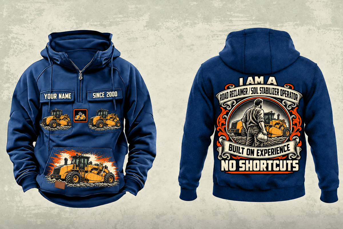 Personalized RM400 Road Reclaimer Operator Vintage Hoodie in dark-blue, front and back artwork with YOUR NAME and SINCE 2000 sample text.