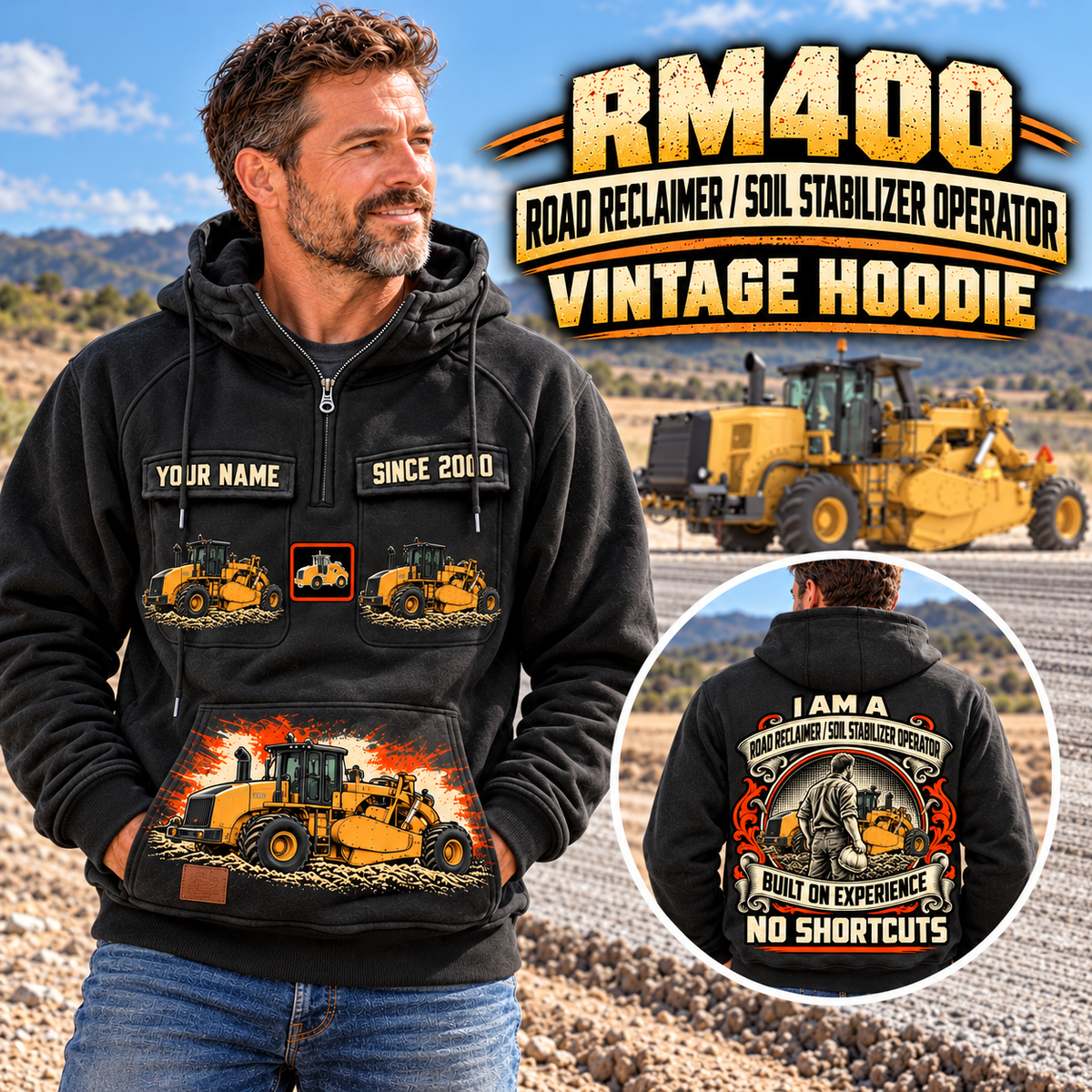 Personalized RM400 Road Reclaimer Operator Vintage Hoodie in Black, front and back artwork with YOUR NAME and SINCE 2000 sample text.