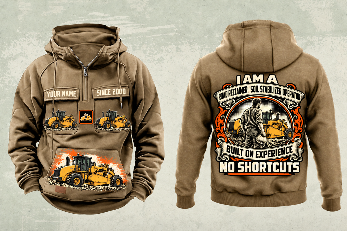 Personalized RM400 Road Reclaimer Operator Vintage Hoodie in kaki, front and back artwork with YOUR NAME and SINCE 2000 sample text.
