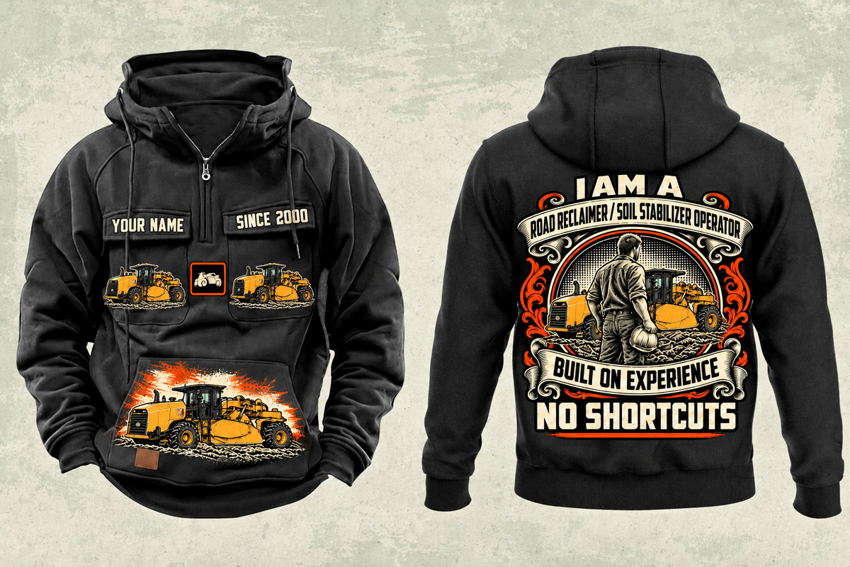 Personalized RM500B Road Reclaimer Operator Vintage Hoodie in black, front and back artwork with YOUR NAME and SINCE 2000 sample text.