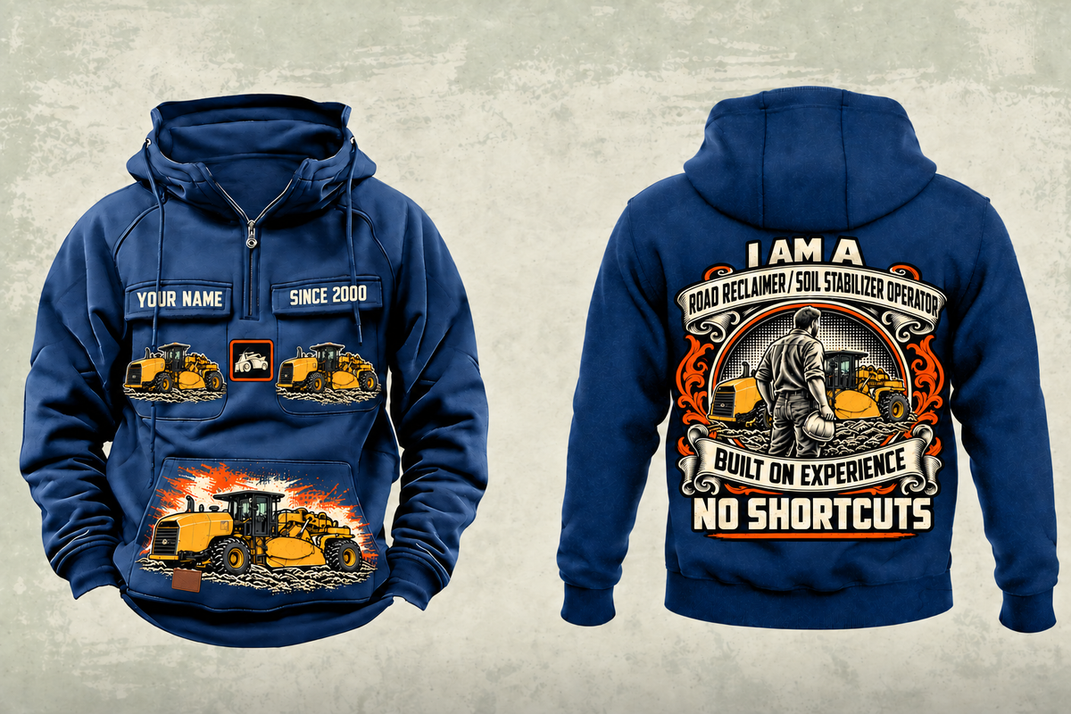 Personalized RM500B Road Reclaimer Operator Vintage Hoodie in dark-blue, front and back artwork with YOUR NAME and SINCE 2000 sample text.