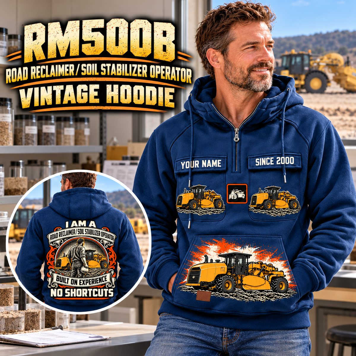 Personalized RM500B Road Reclaimer Operator Vintage Hoodie in Dark Blue, front and back artwork with YOUR NAME and SINCE 2000 sample text.