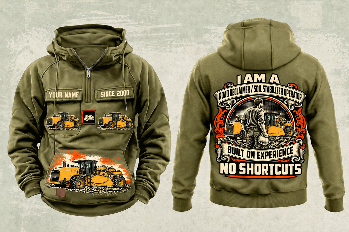 Personalized RM500B Road Reclaimer Operator Vintage Hoodie in military-green, front and back artwork with YOUR NAME and SINCE 2000 sample text.