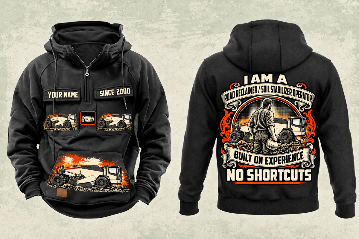 Personalized WR 250i Road Reclaimer Operator Vintage Hoodie in black, front and back artwork with YOUR NAME and SINCE 2000 sample text.