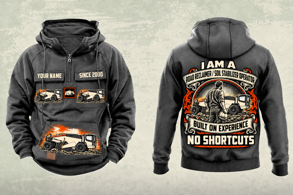 Personalized WR 250i Road Reclaimer Operator Vintage Hoodie in dark-gray, front and back artwork with YOUR NAME and SINCE 2000 sample text.