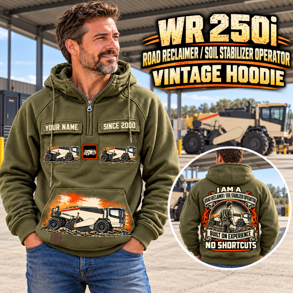 Personalized WR 250i Road Reclaimer Operator Vintage Hoodie in Military Green, front and back artwork with YOUR NAME and SINCE 2000 sample text.
