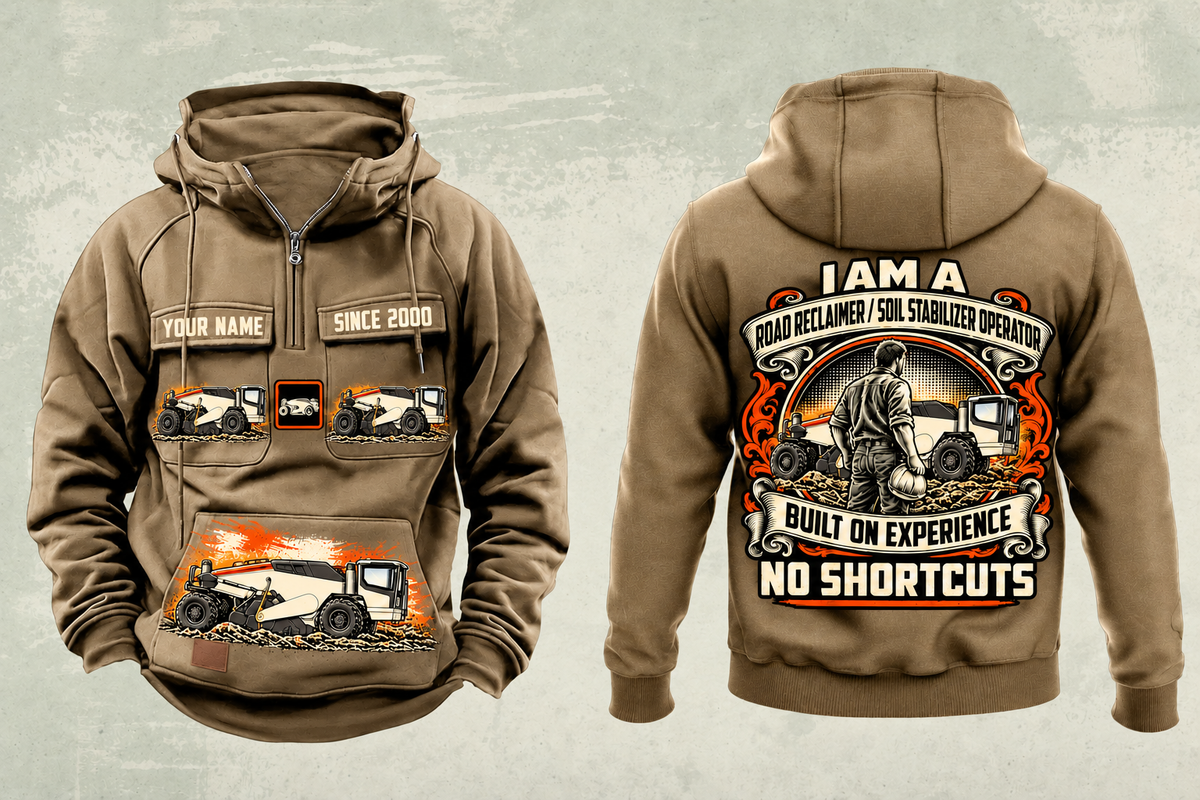 Personalized WR 250i Road Reclaimer Operator Vintage Hoodie in kaki, front and back artwork with YOUR NAME and SINCE 2000 sample text.