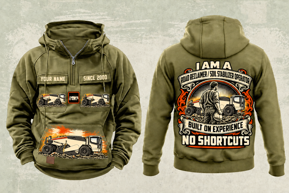 Personalized WR 250i Road Reclaimer Operator Vintage Hoodie in military-green, front and back artwork with YOUR NAME and SINCE 2000 sample text.