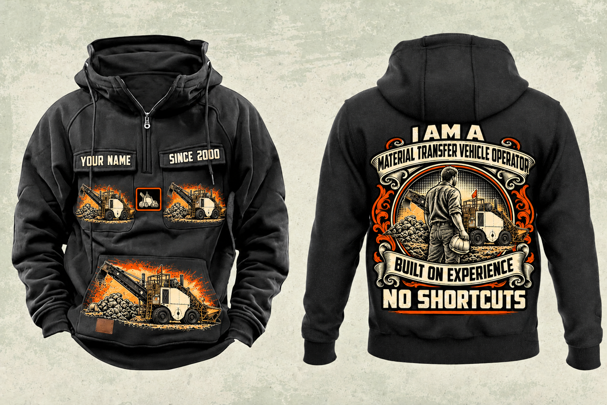 Personalized SB-2500 Material Transfer Vehicle Operator Vintage Hoodie in black, front and back artwork with YOUR NAME and SINCE 2000 sample text.