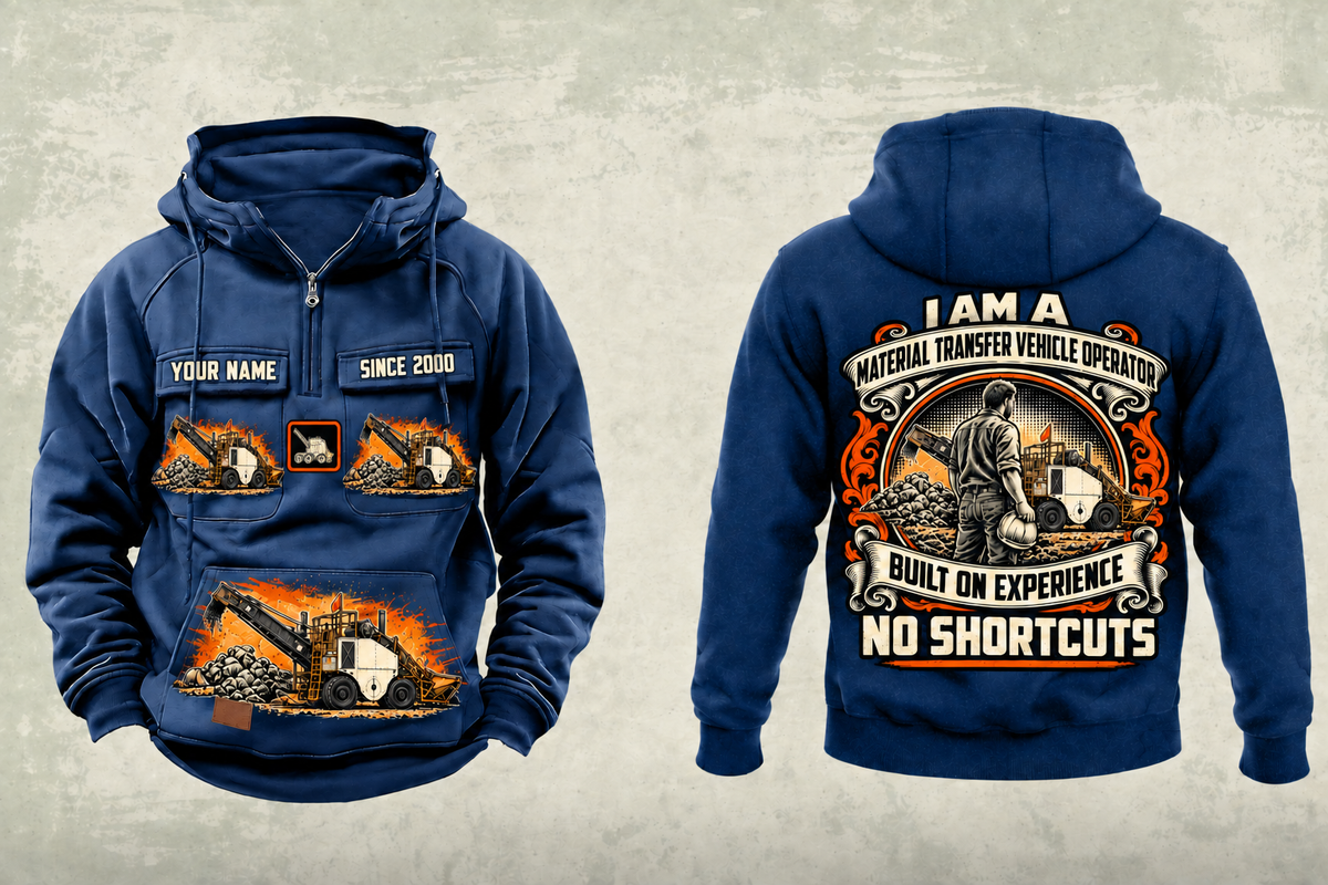 Personalized SB-2500 Material Transfer Vehicle Operator Vintage Hoodie in dark-blue, front and back artwork with YOUR NAME and SINCE 2000 sample text.