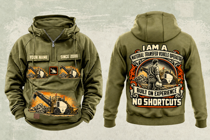 Personalized SB-2500 Material Transfer Vehicle Operator Vintage Hoodie in military-green, front and back artwork with YOUR NAME and SINCE 2000 sample text.