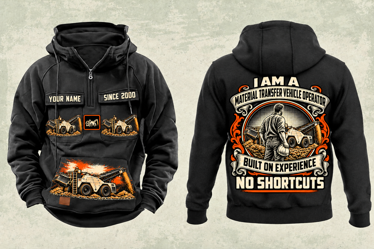 Personalized SB-3000 Material Transfer Vehicle Operator Vintage Hoodie in black, front and back artwork with YOUR NAME and SINCE 2000 sample text.