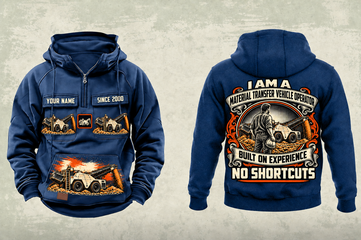 Personalized SB-3000 Material Transfer Vehicle Operator Vintage Hoodie in dark-blue, front and back artwork with YOUR NAME and SINCE 2000 sample text.