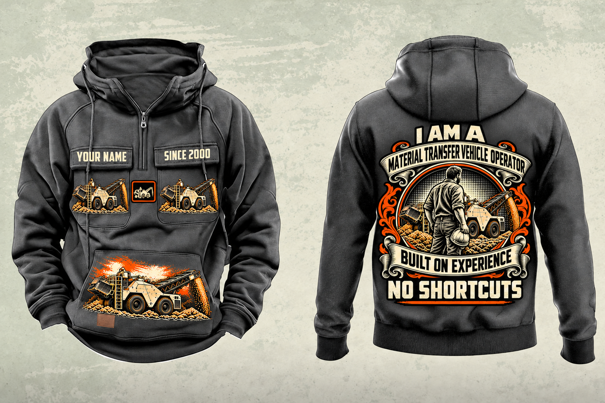 Personalized SB-3000 Material Transfer Vehicle Operator Vintage Hoodie in dark-gray, front and back artwork with YOUR NAME and SINCE 2000 sample text.