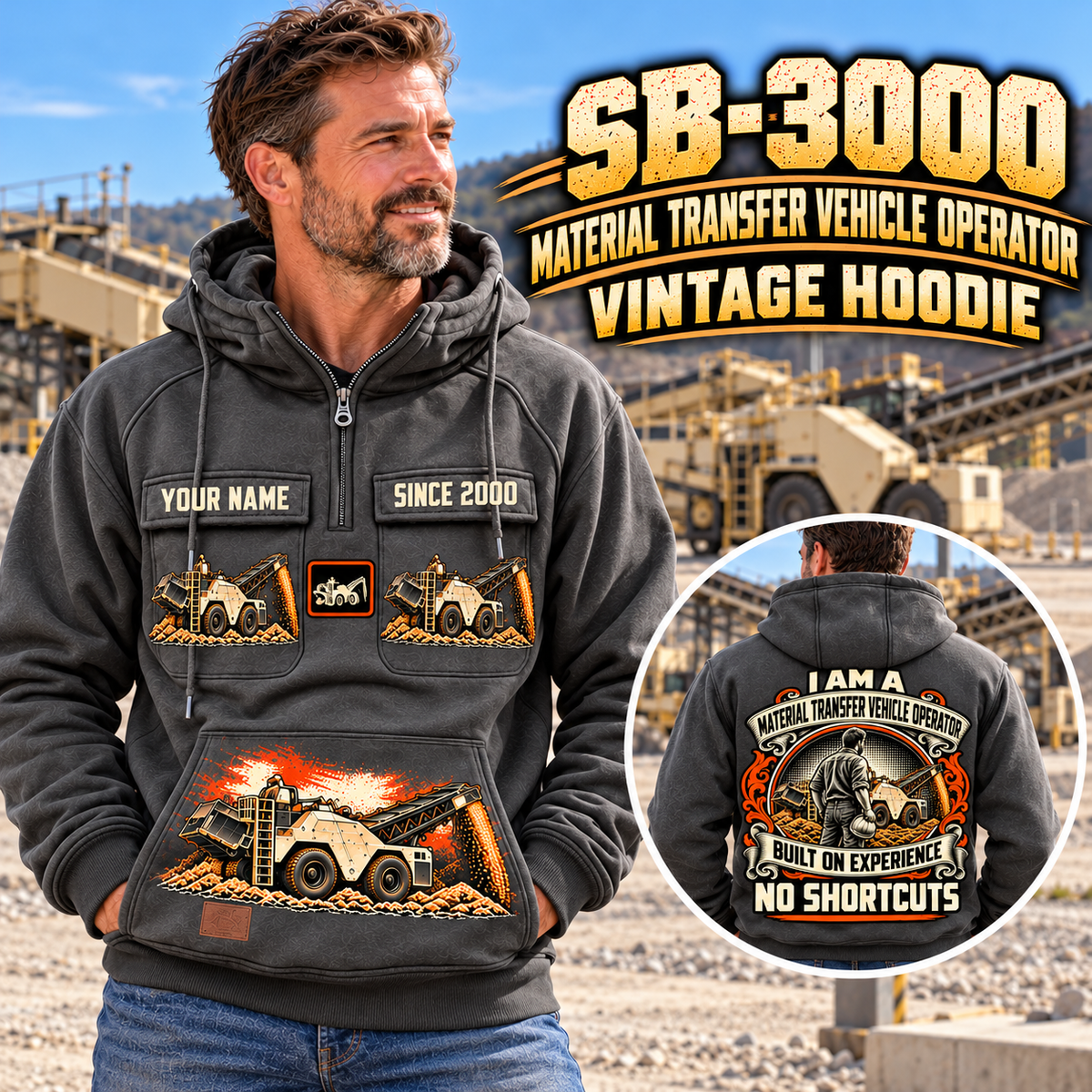 Personalized SB-3000 Material Transfer Vehicle Operator Vintage Hoodie in Dark Gray, front and back artwork with YOUR NAME and SINCE 2000 sample text.