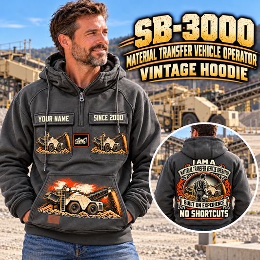 Personalized SB-3000 Material Transfer Vehicle Operator Vintage Hoodie in Dark Gray, front and back artwork with YOUR NAME and SINCE 2000 sample text.