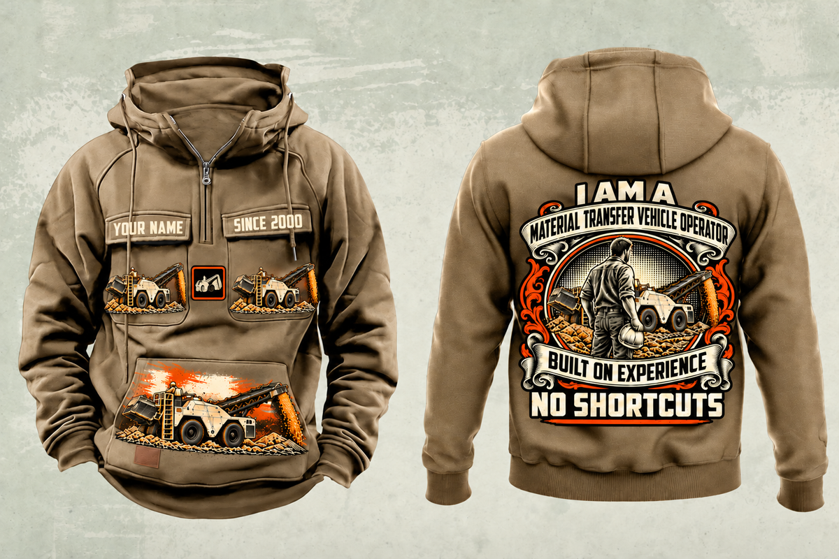 Personalized SB-3000 Material Transfer Vehicle Operator Vintage Hoodie in kaki, front and back artwork with YOUR NAME and SINCE 2000 sample text.